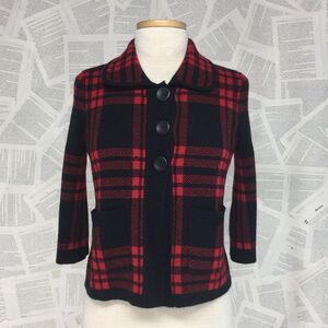 Red Black Plaid Cardigan 3/4 Sleeve Petite S